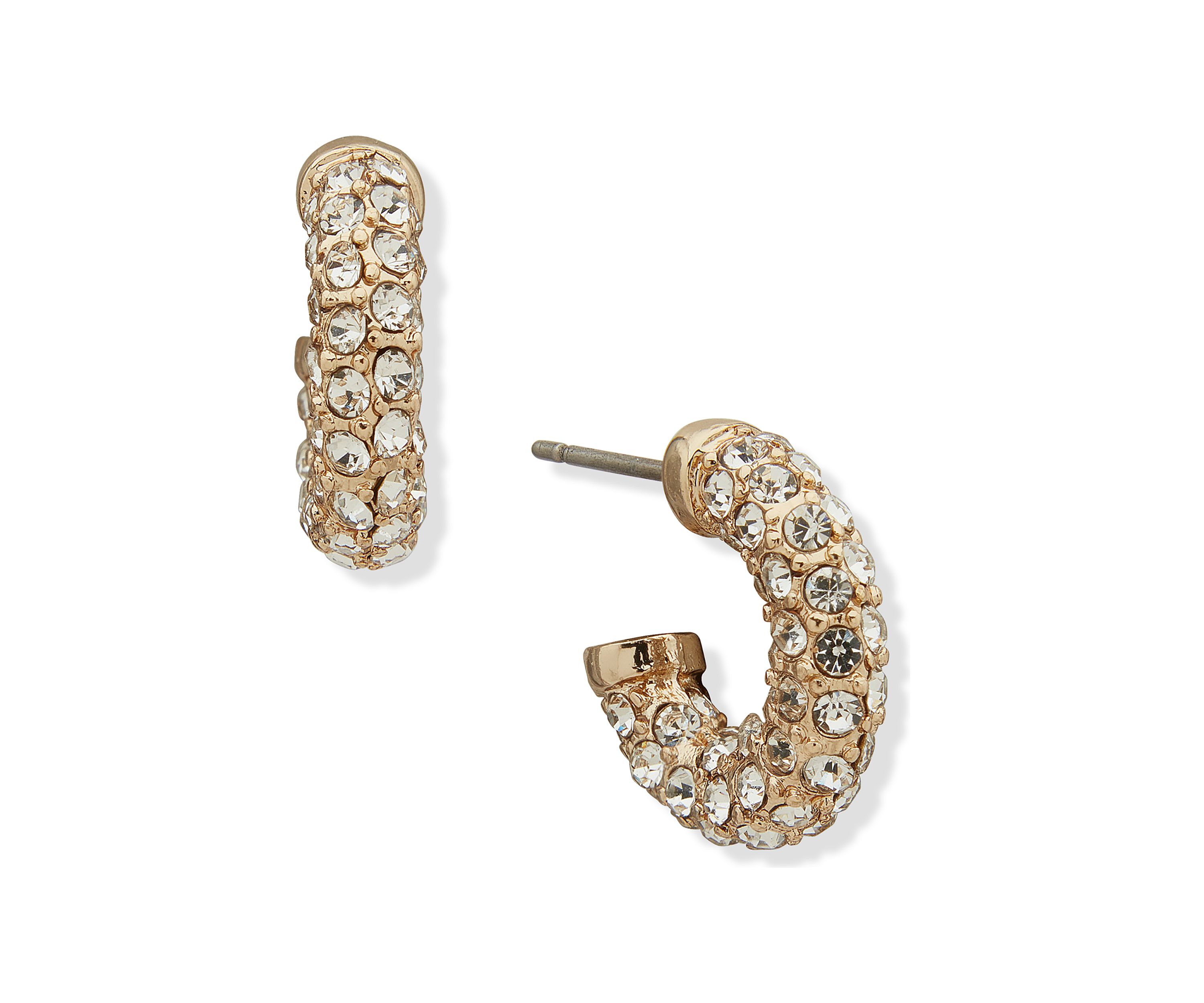 Gold Tone Pearl Crystal Huggie C Hoop Earrings