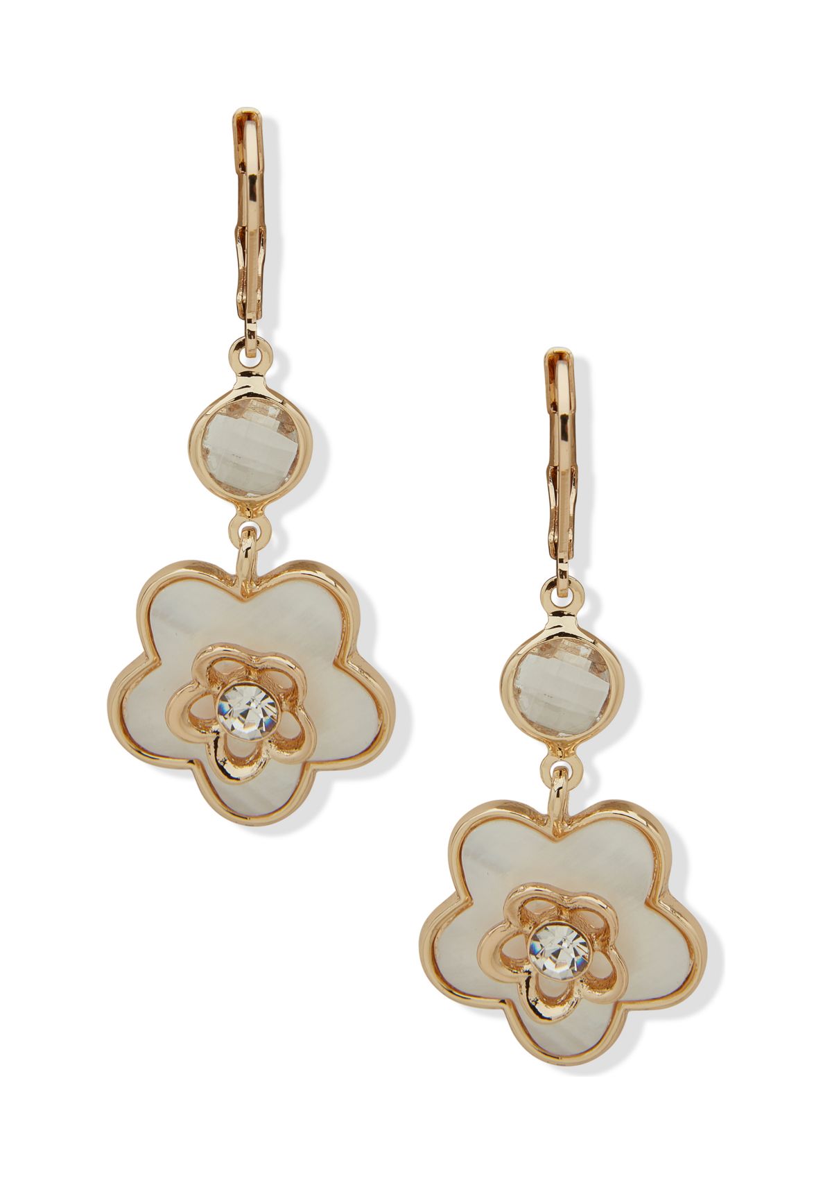 Gold Tone White Flower Motif Drop Earrings