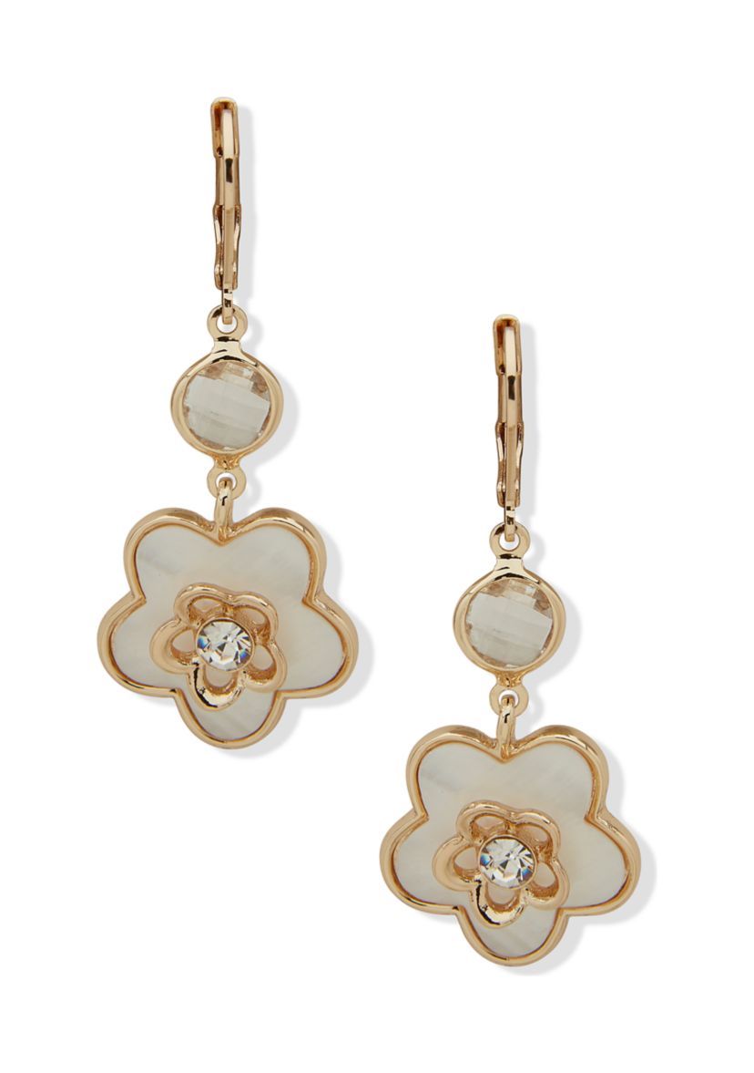 Gold Tone White Flower Motif Drop Earrings
