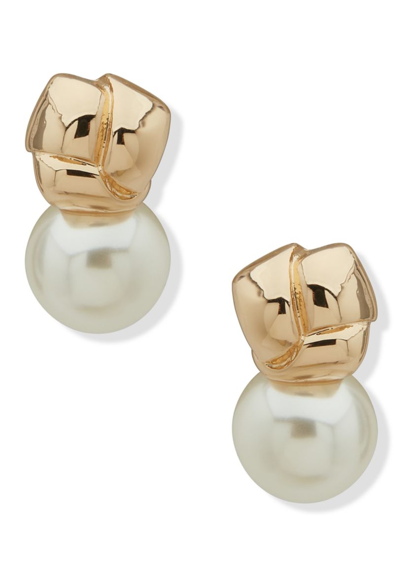 Gold Tone Pearl Knot Stud Earrings
