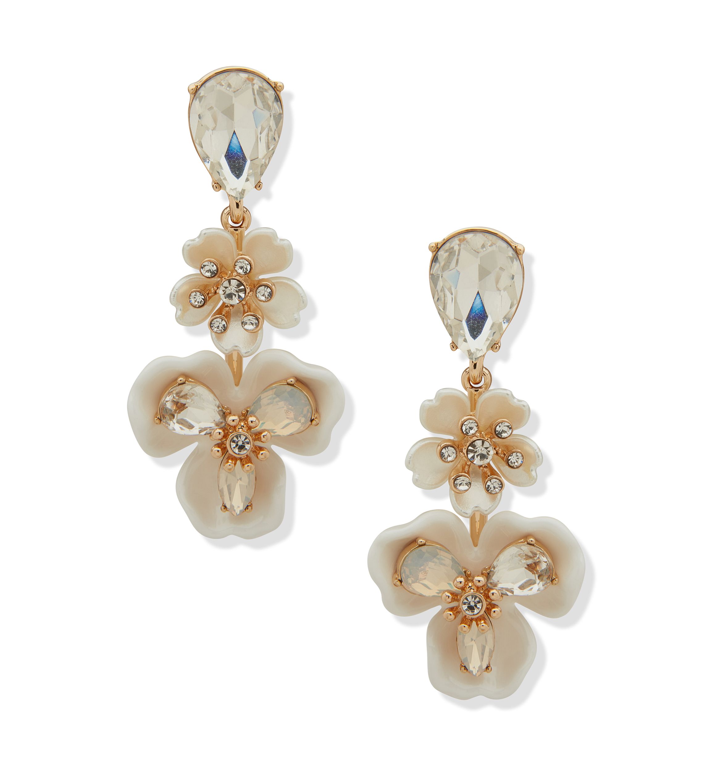 Gold Tone White Flower Linear Earrings