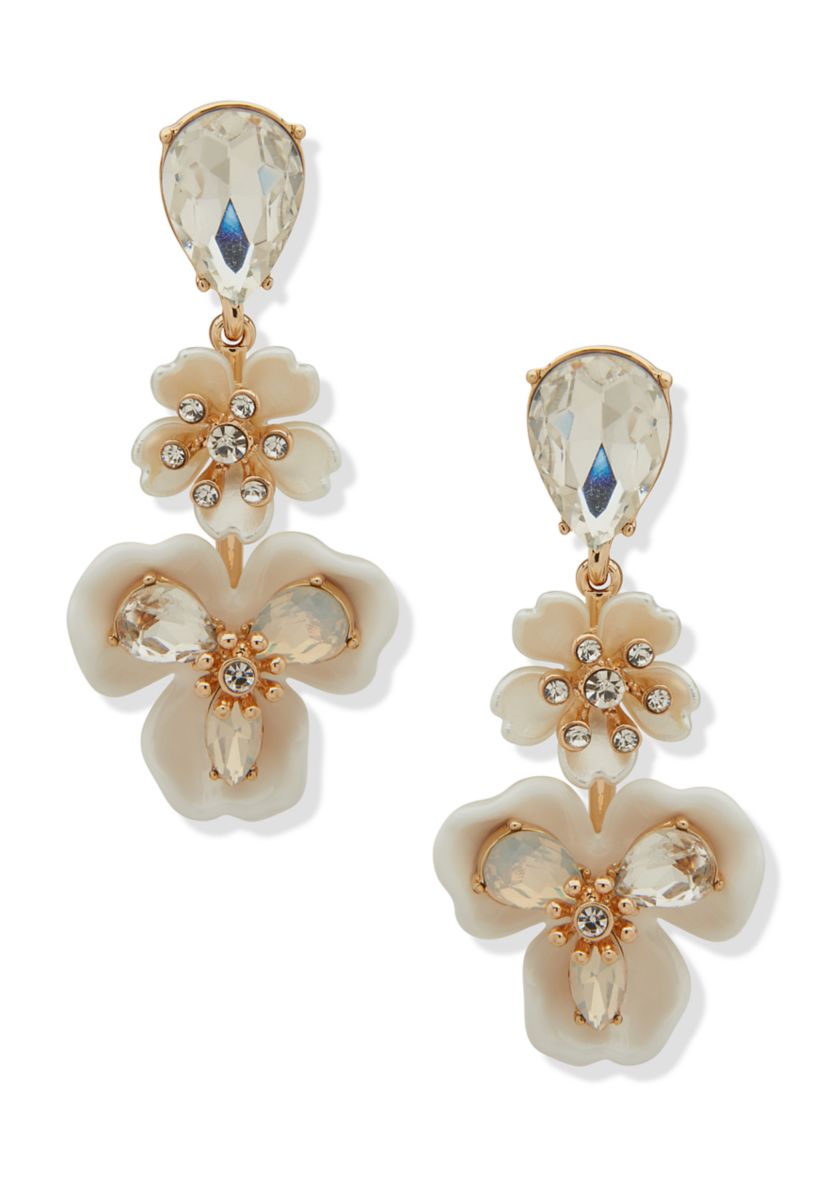 Gold Tone White Flower Linear Earrings