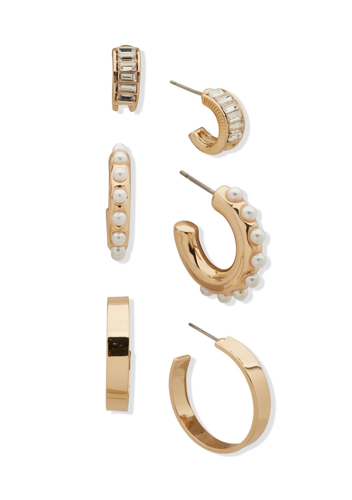 Gold Tone Crystal Pearl Baguette Hoop Trio Earrings Set