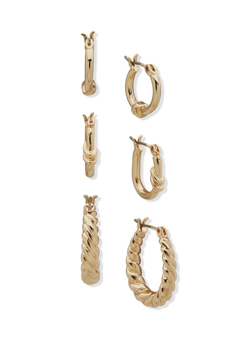 Gold Tone Twisted Hoop Trio Earrings Set