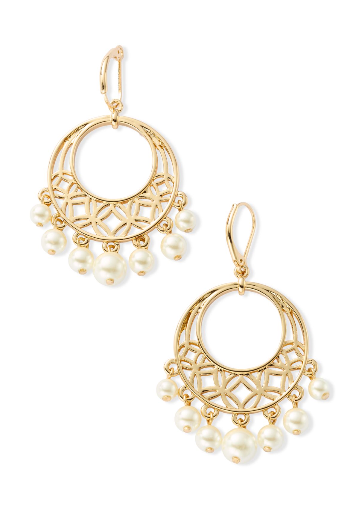 Gold Tone White Pearl Cutout Drop Earrings