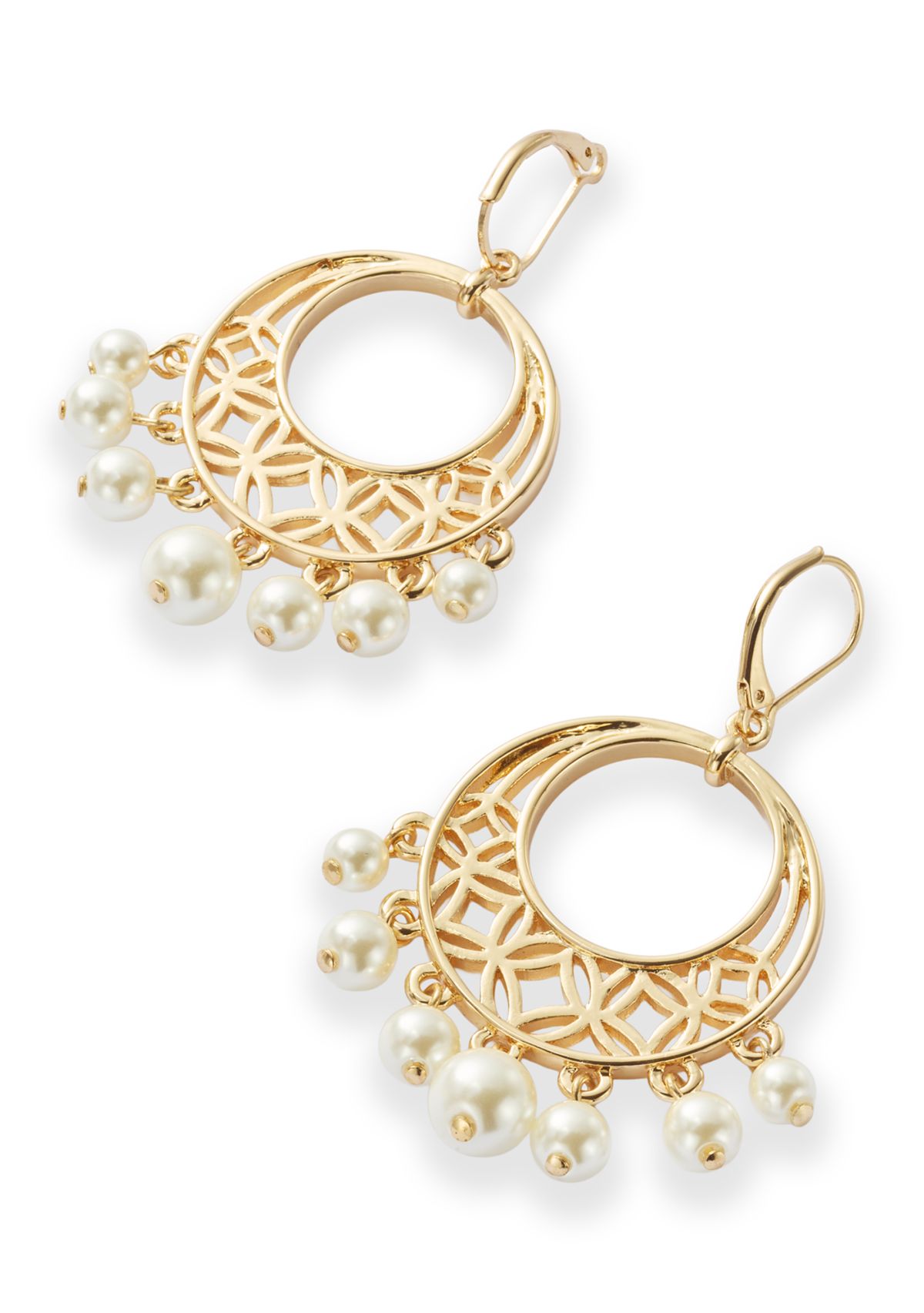 Gold Tone White Pearl Cutout Drop Earrings