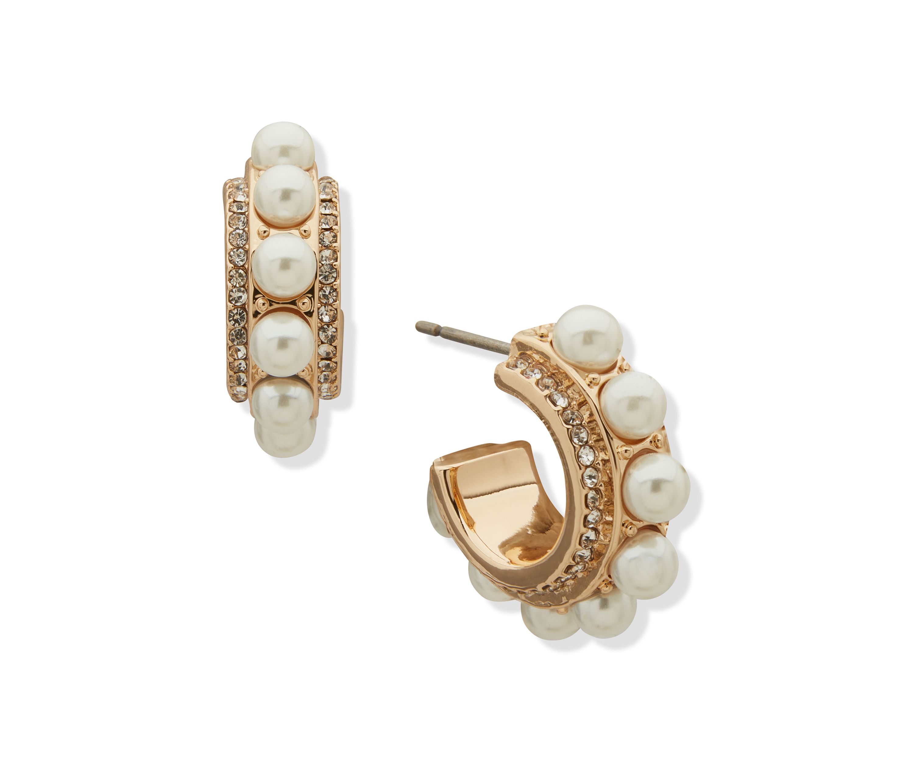 Gold Tone 17mm White Pearl Crystal C Hoop Earrings