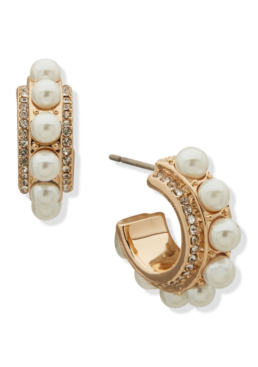Gold Tone 17mm White Pearl Crystal C Hoop Earrings