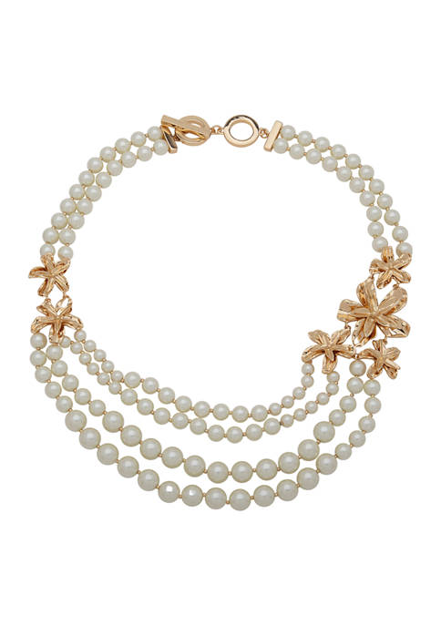 Gold Tone White Pearl 18" Pearl Statement Necklace 