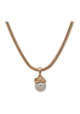 Anne Klein Gold Tone 16" Snake Chain with Knot Pearl Pendant Necklace