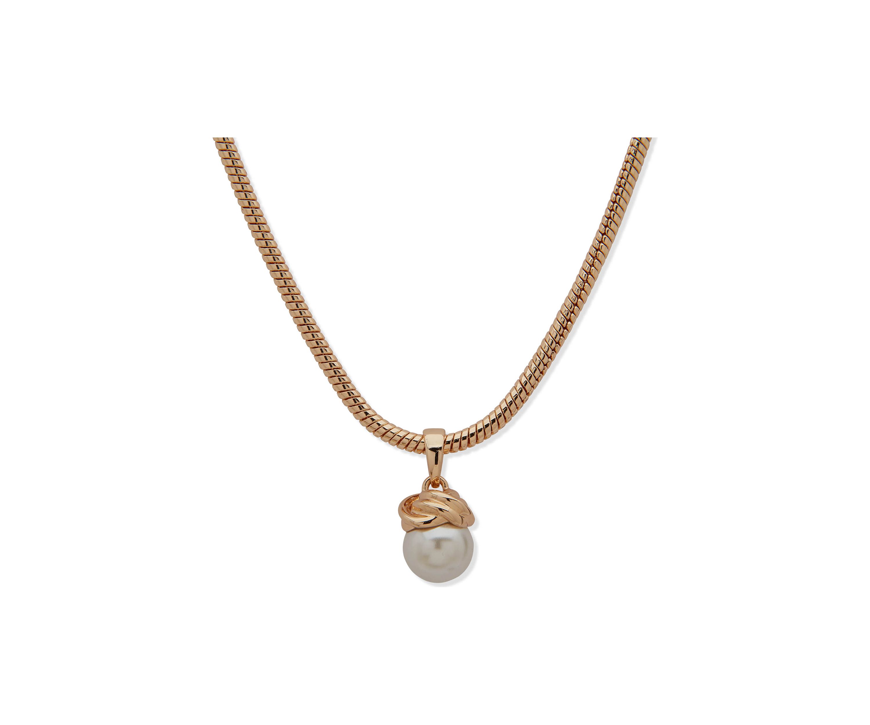 Gold Tone 16" Snake Chain with Knot Pearl Pendant Necklace