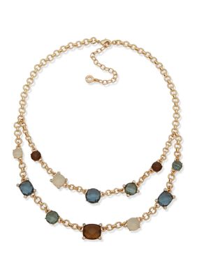 Gold Tone 16" Stone Multirow Necklace