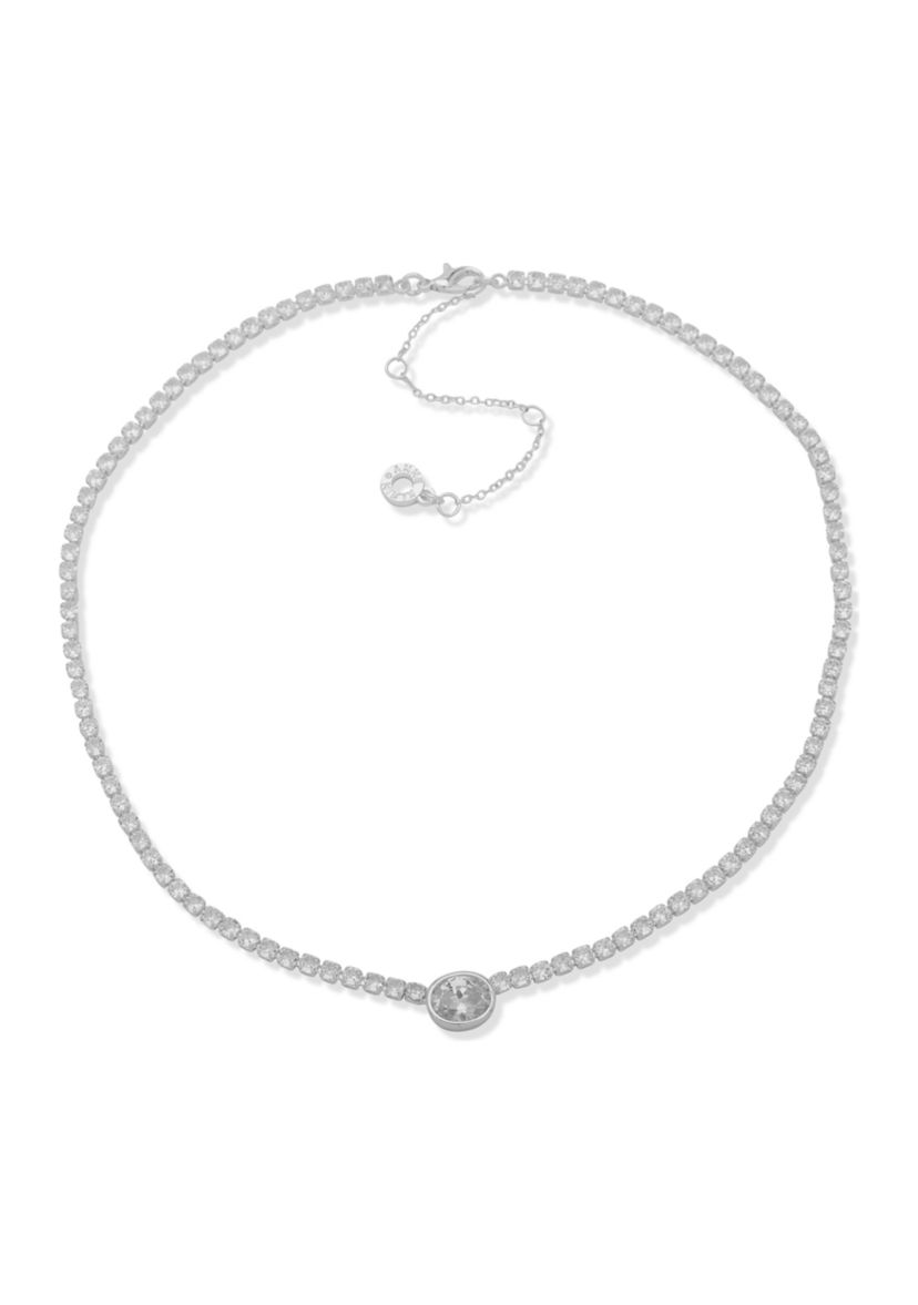Silver Tone 16 Crystal Oval Pendant Necklace
