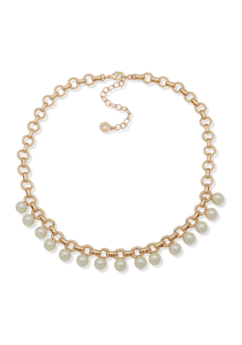 Gold Tone 16 Rolo Chain with Pearl Frontal Necklace