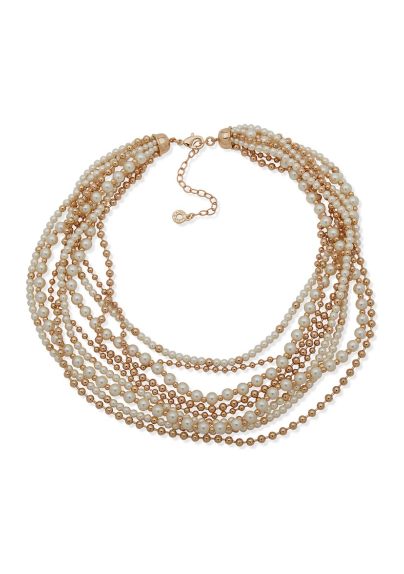 Gold Tone Pearl and Bead Torsade Necklace