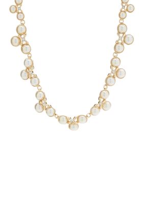 Gold Tone 16'' Crystal Pearl Fancy Collar Necklace