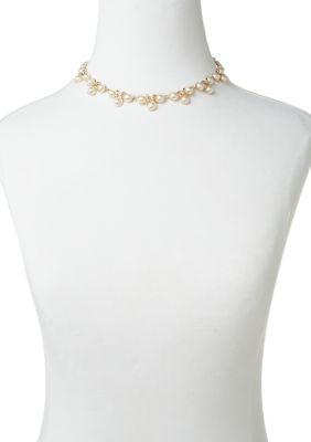 Gold Tone 16'' Crystal Pearl Fancy Collar Necklace
