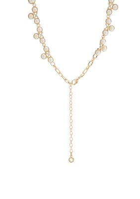 Gold Tone 16'' Crystal Pearl Fancy Collar Necklace