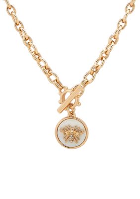 Anne Klein Gold Tone Mother of Pearl and Crystal Bee Pendant Necklace, 16 in