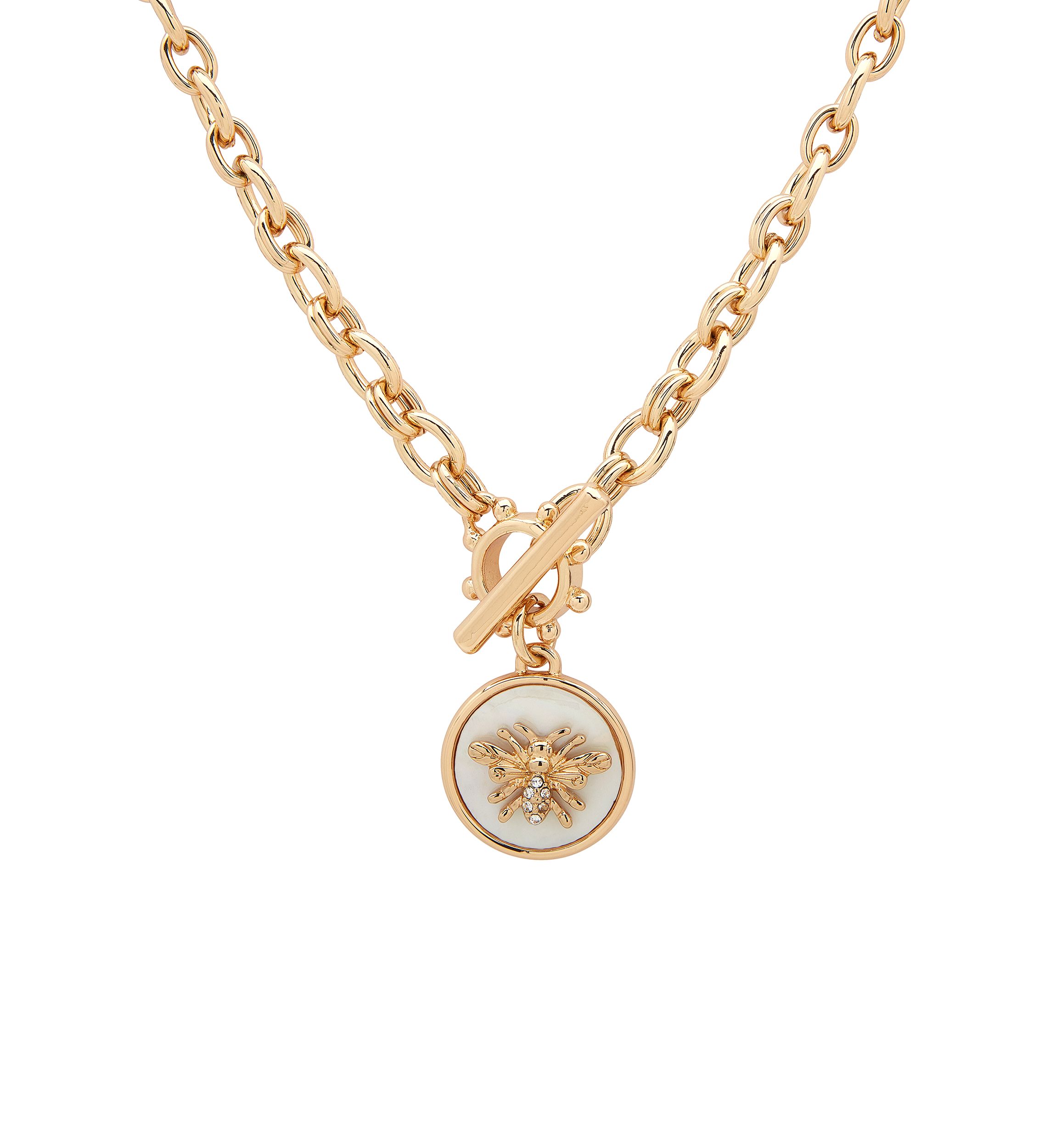 Gold Tone Mother of Pearl and Crystal Bee Pendant Necklace