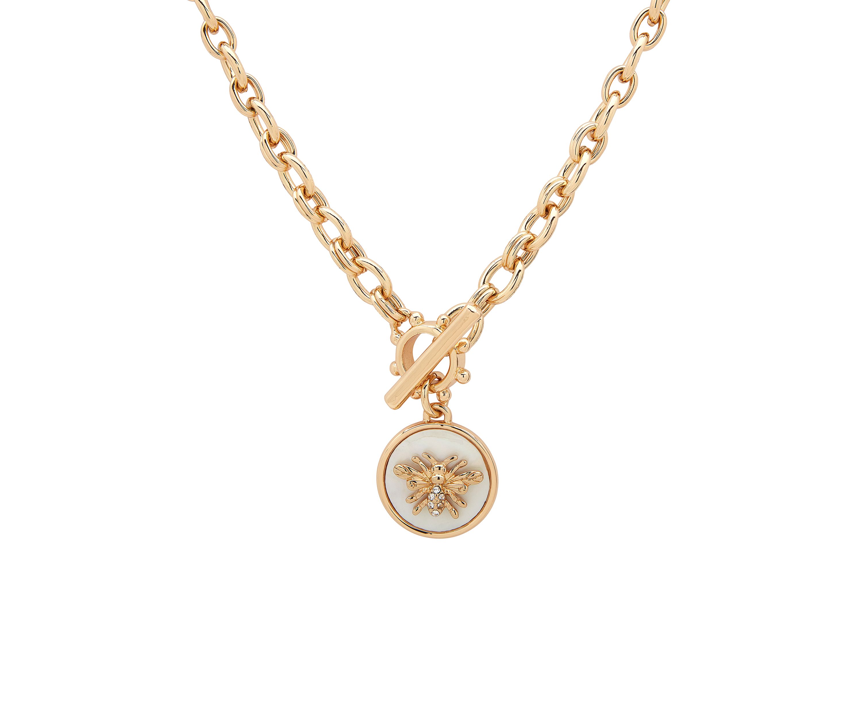 Gold Tone Mother of Pearl and Crystal Bee Pendant Necklace