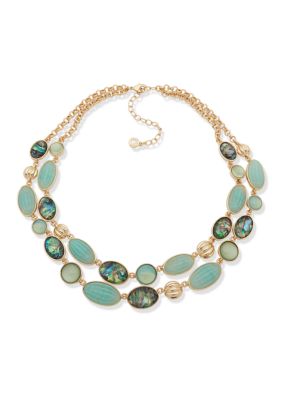 Gold Tone 16" Blue Stone Multi Row Necklace