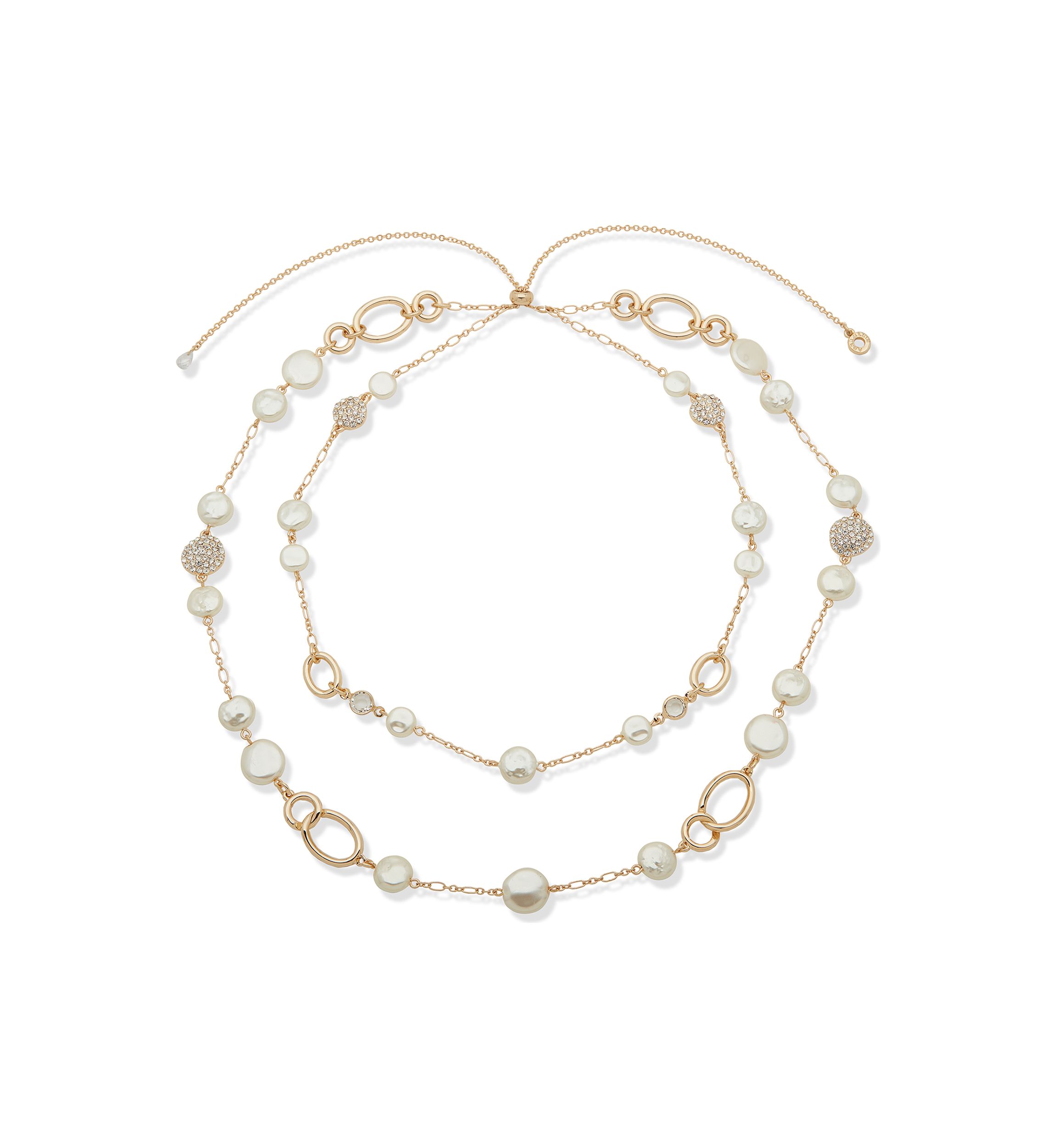 Gold Tone 26" Crystal and Pearl Adjustable Multirow Necklace