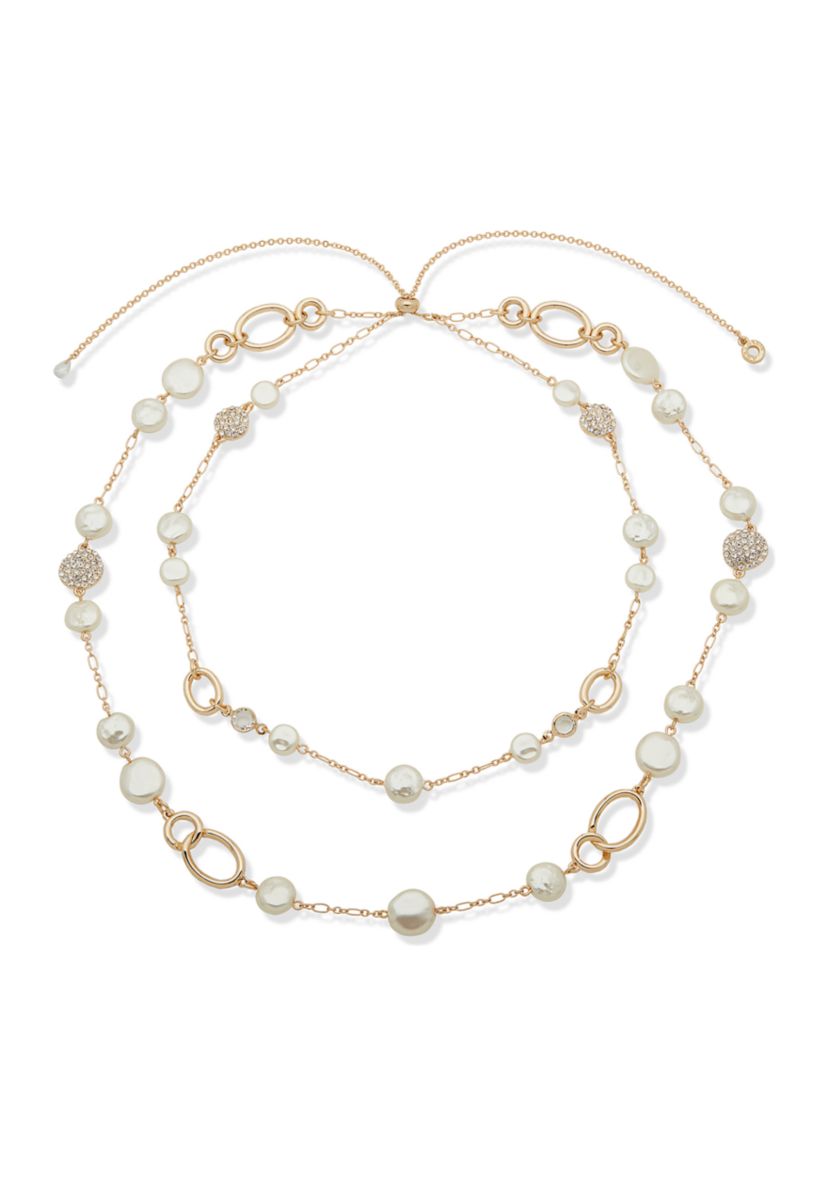 Gold Tone 26" Crystal and Pearl Adjustable Multirow Necklace