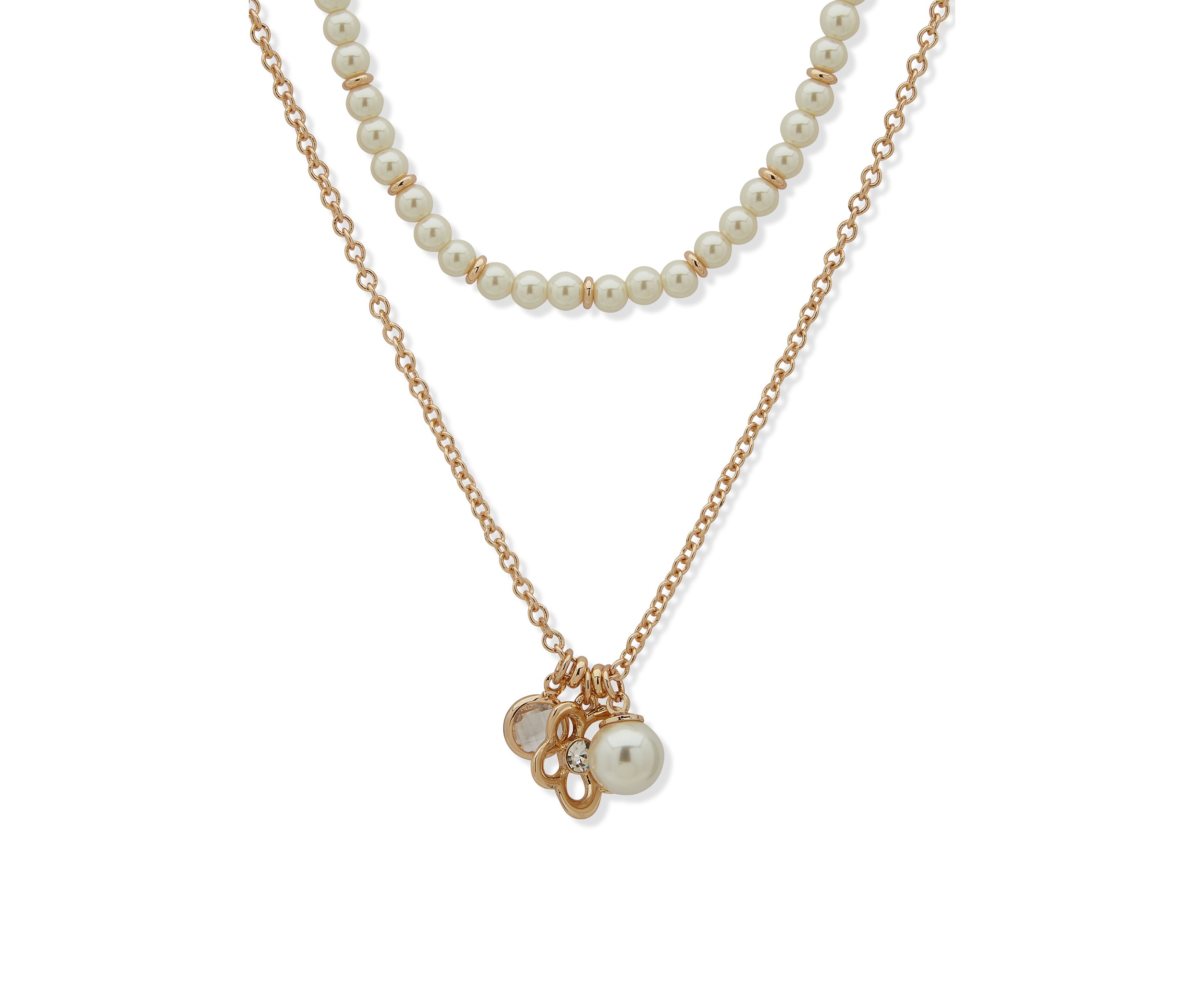 Gold Tone Pearl Floral Charms Necklace