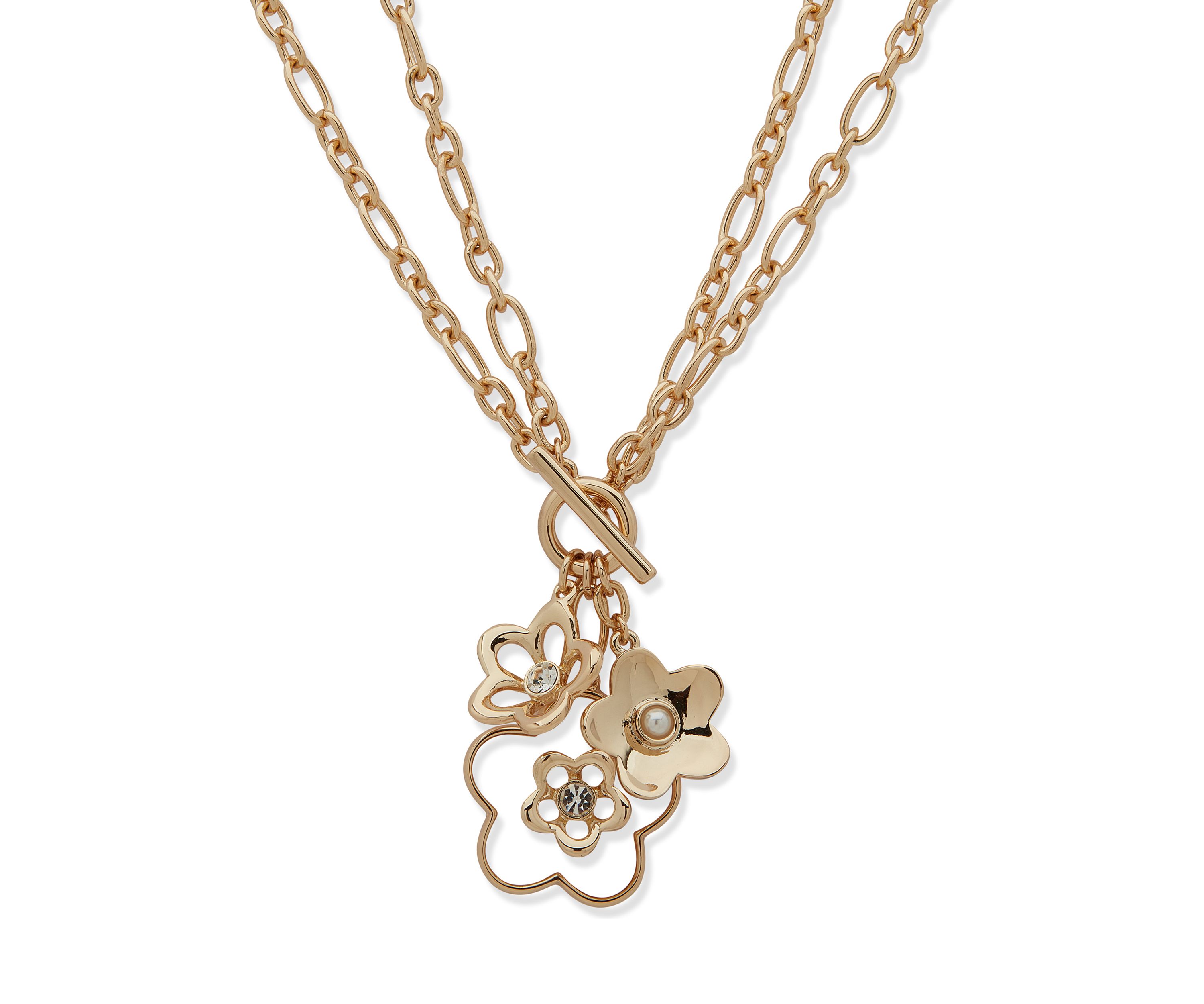 Gold Tone Pearl Flower Charm Pendant Necklace