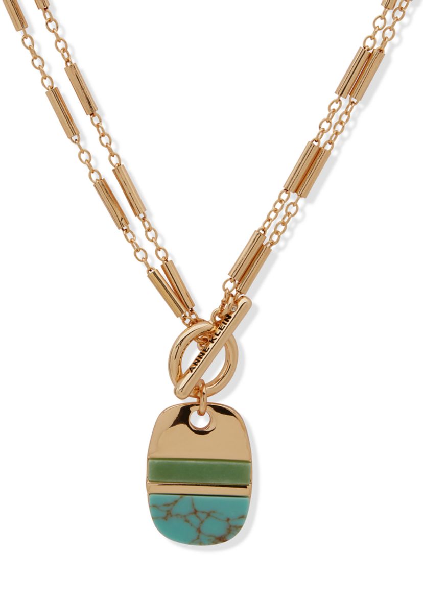 Gold Tone Multi Inlay Pendant Necklace