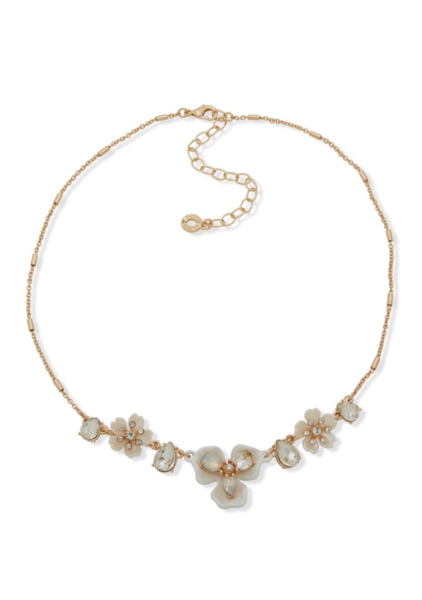 Gold Tone White Flower Stone Frontal Necklace