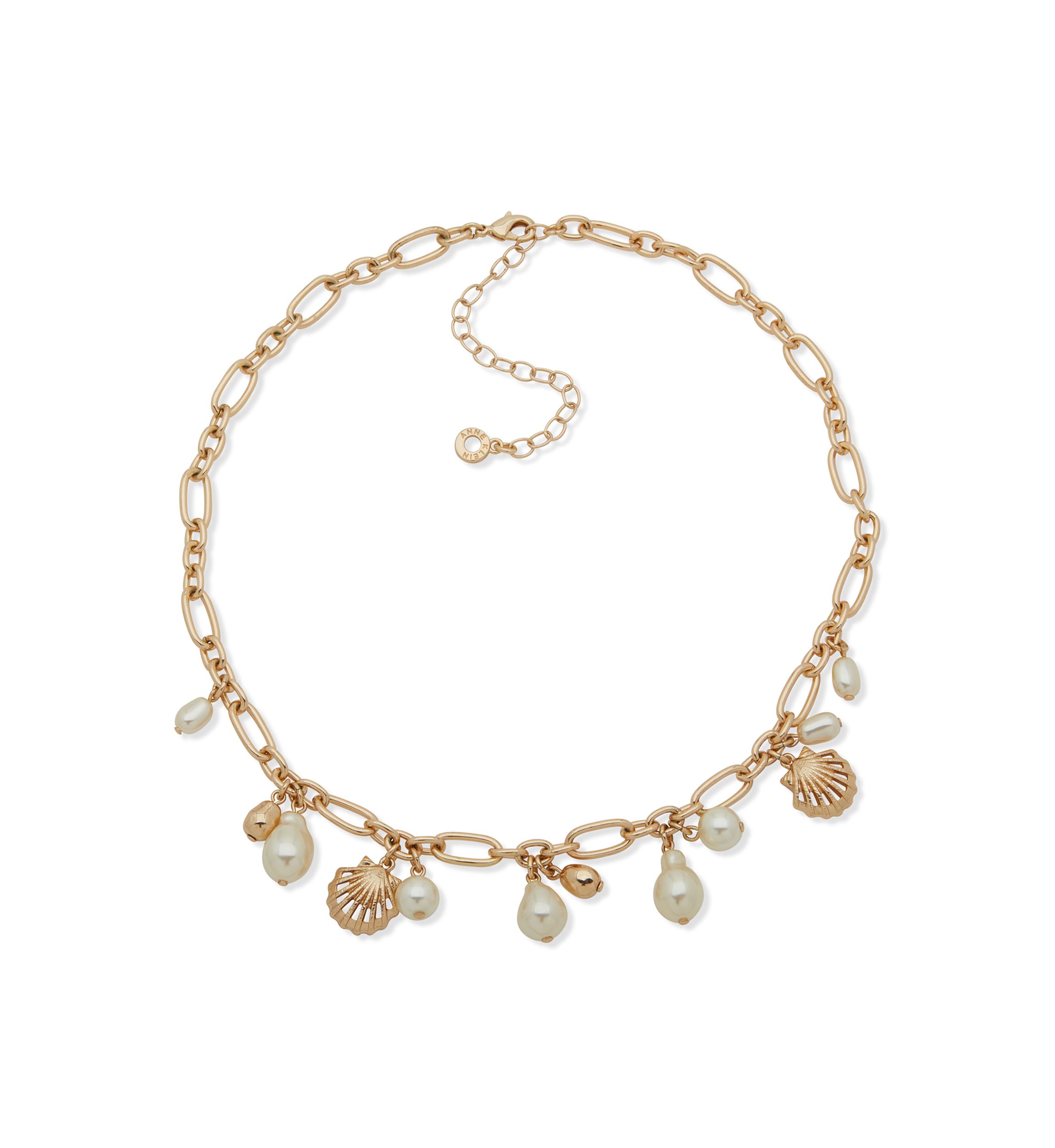 Gold Tone Pearl Shell Frontal Charm Necklace