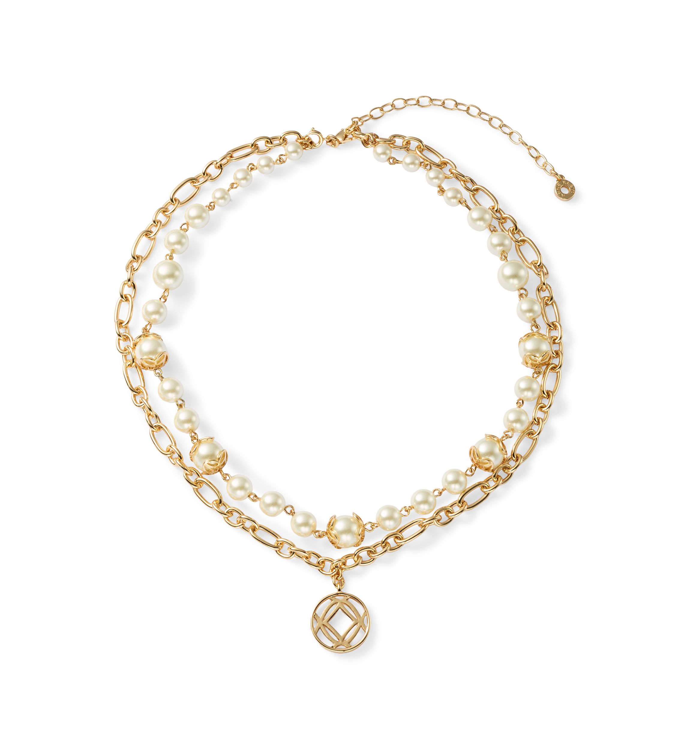 Gold Tone White Pearl 2 in 1 Disc Pendant Necklace