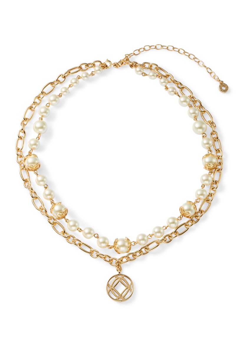Gold Tone White Pearl 2 in 1 Disc Pendant Necklace