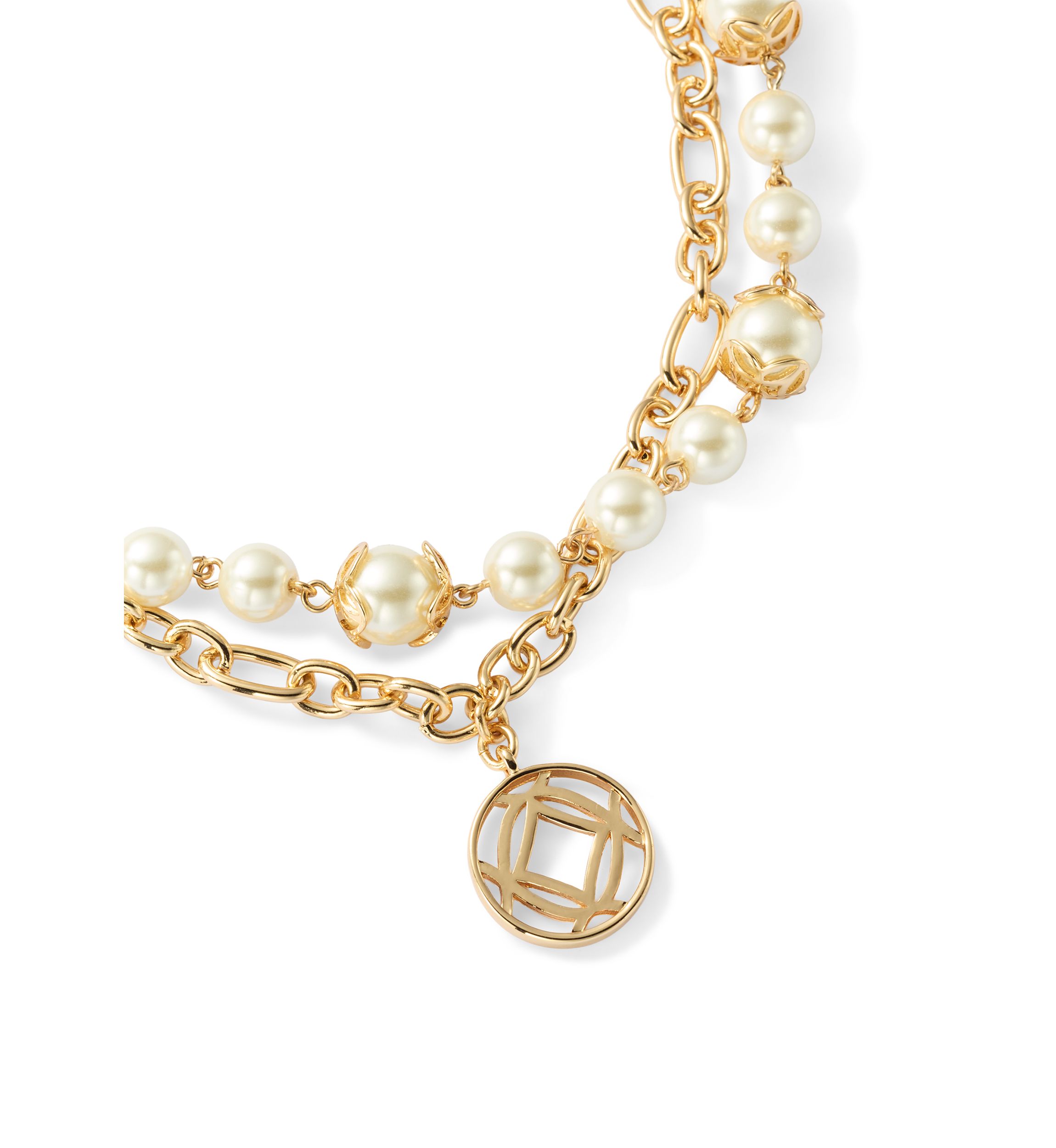 Gold Tone White Pearl 2 in 1 Disc Pendant Necklace