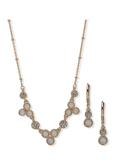 Gold Tone White Crystal Round Frontal Pouch Necklace and Earrings Set