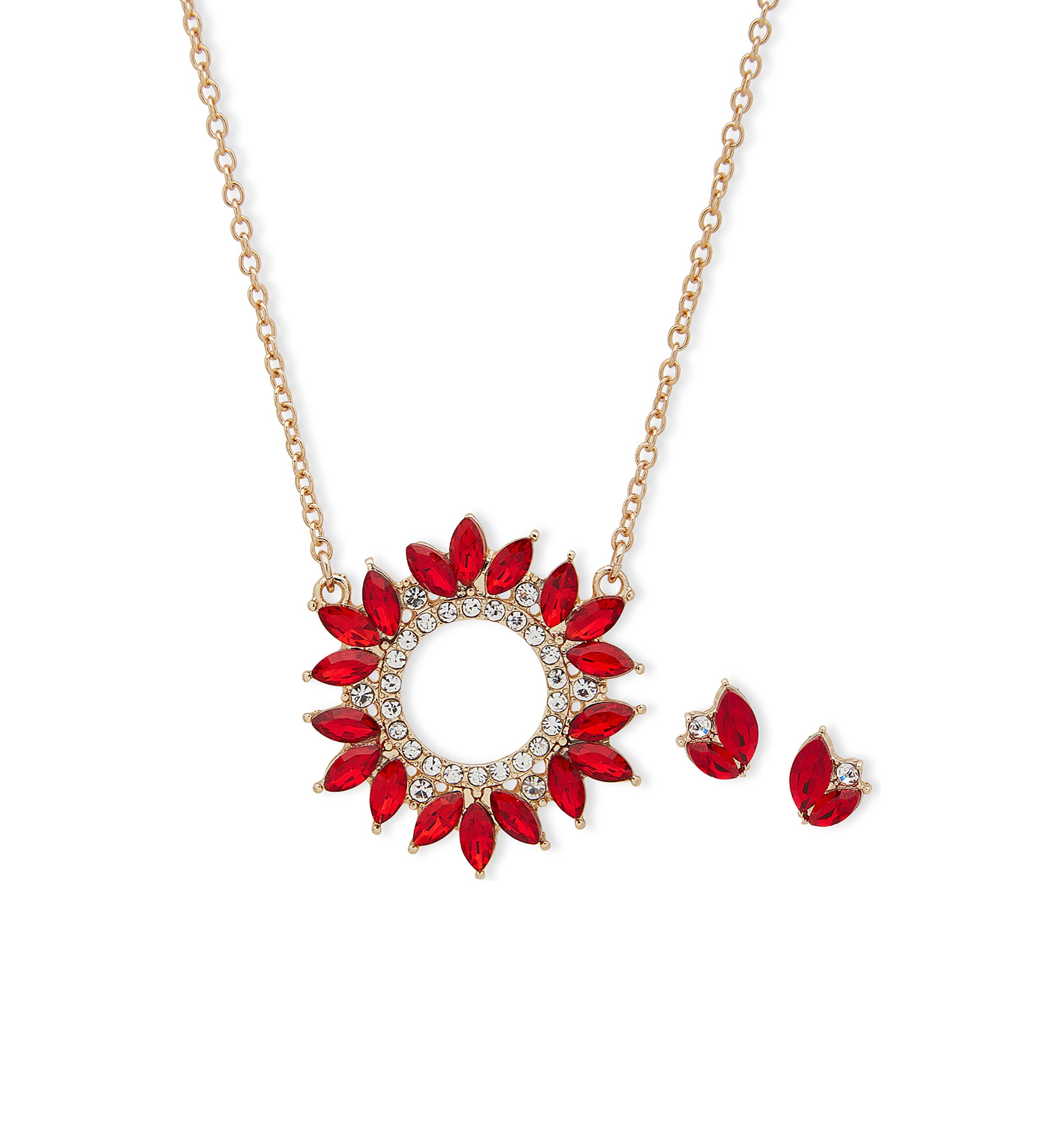 Gold Tone Red Crystal Cluster Pendant Necklace and Earrings Set 