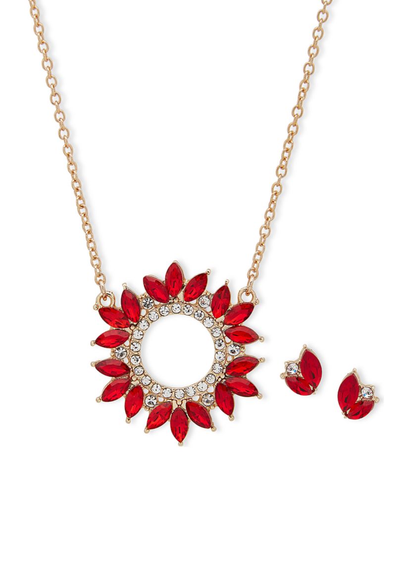 Gold Tone Red Crystal Cluster Pendant Necklace and Earrings Set 