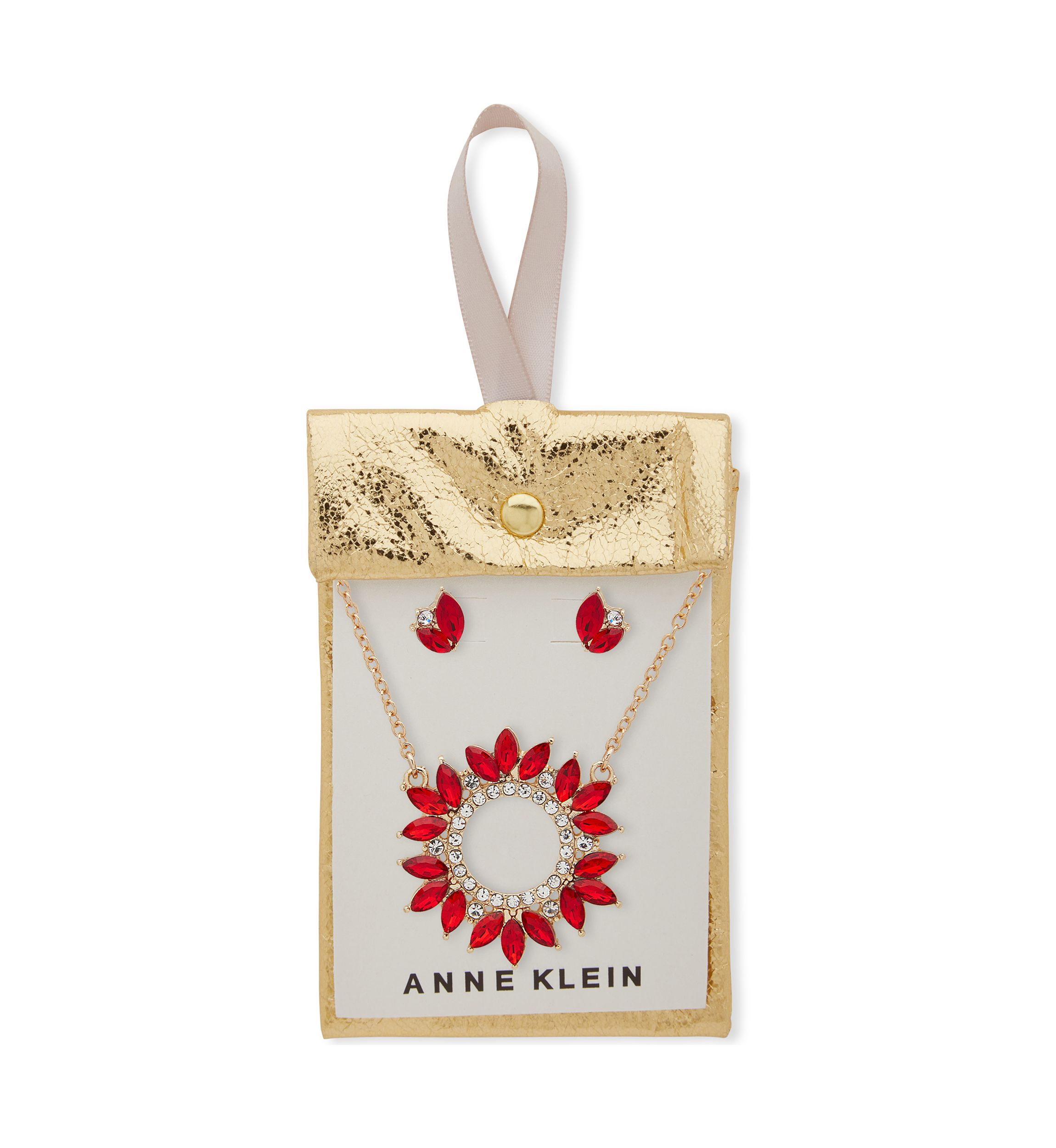 Gold Tone Red Crystal Cluster Pendant Necklace and Earrings Set 
