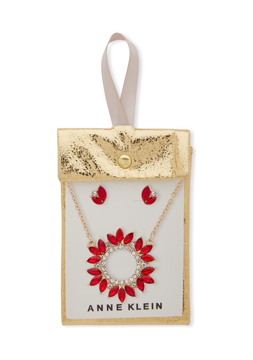 Gold Tone Red Crystal Cluster Pendant Necklace and Earrings Set 