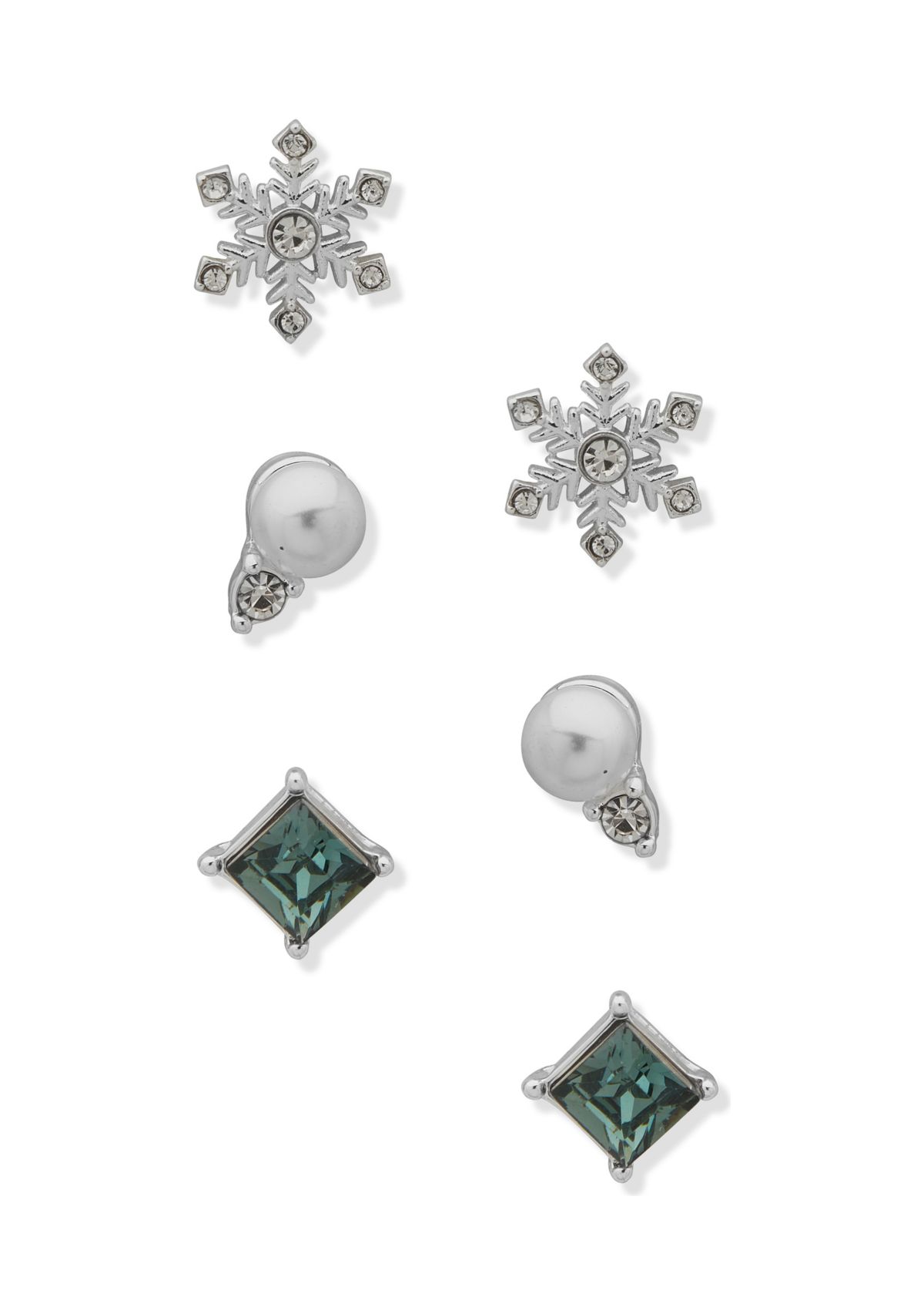 Silver Tone Trio Pearl Crystal Sapphire Stud Earrings in Gold Pouch