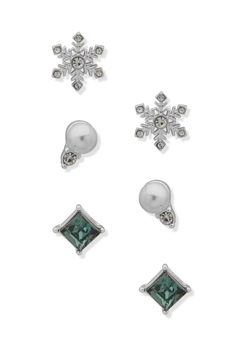 Silver Tone Trio Pearl Crystal Sapphire Stud Earrings in Gold Pouch