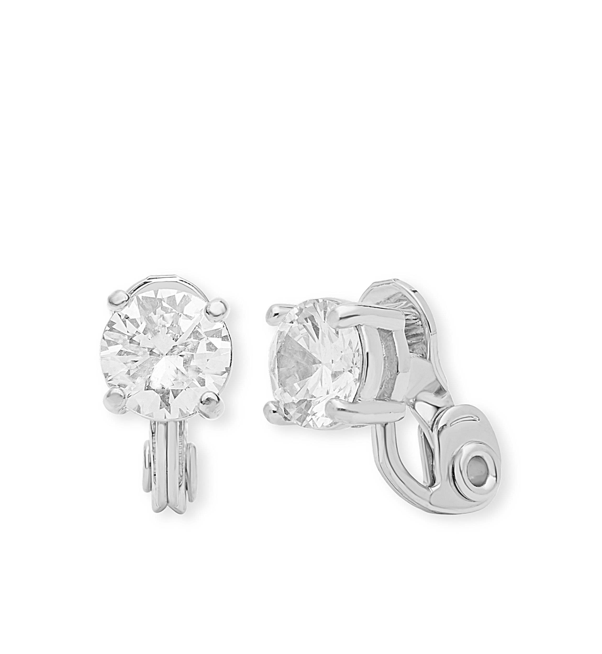 Silver-Tone CZ Stud Clip Earrings