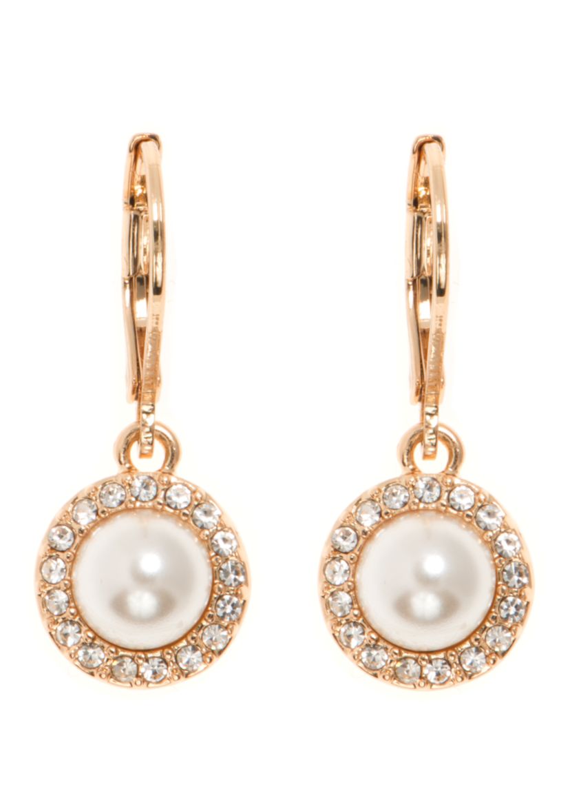 Gold-Tone Metal and White Peal Halo Drop Earrings 
