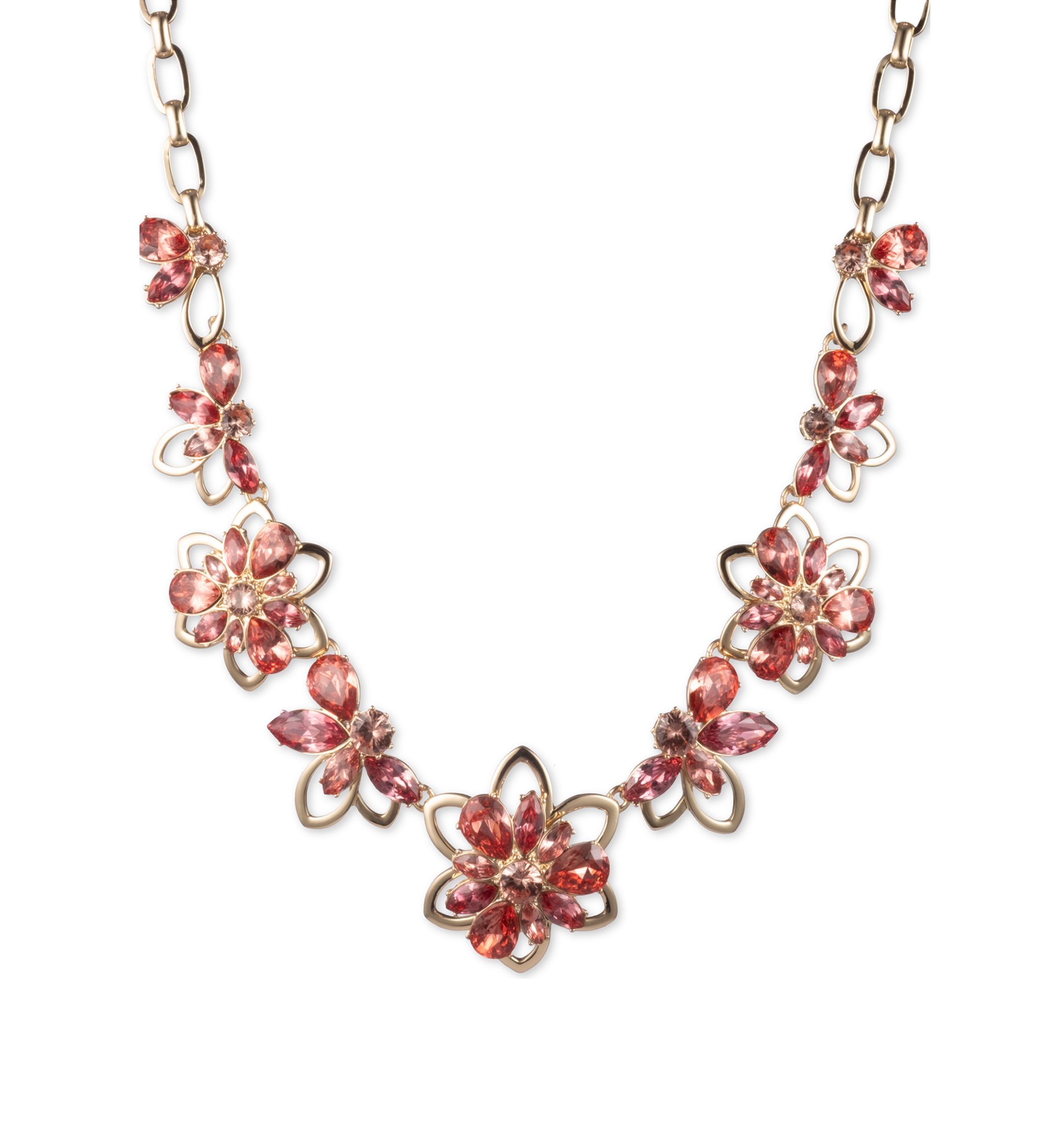 Gold Tone And Coral Large Chain Flower Frontal Necklace