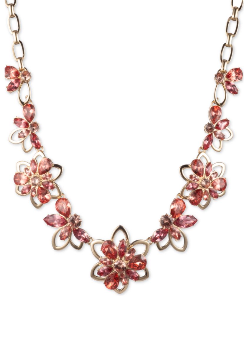 Gold Tone And Coral Large Chain Flower Frontal Necklace