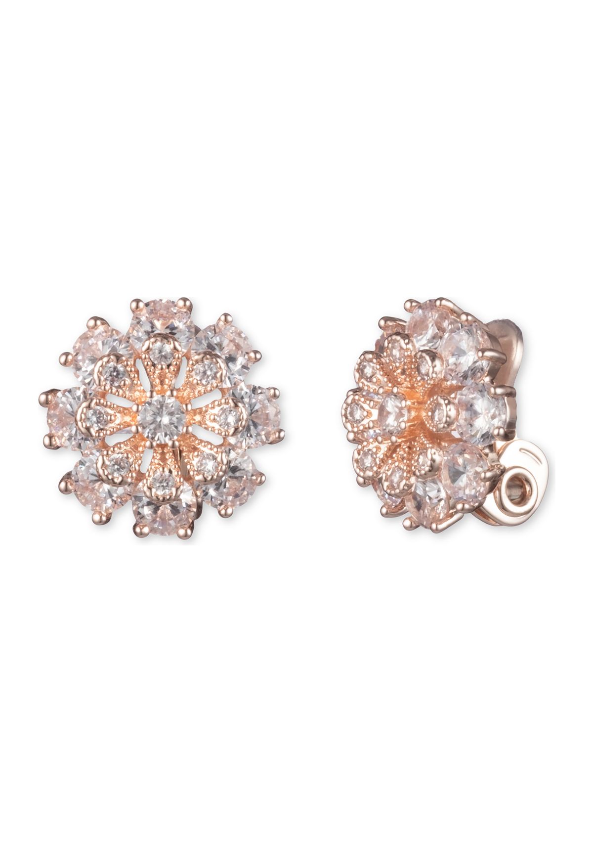 Rose Gold Tone Crystal Cubic Zirconia Flower Button Clip Earrings