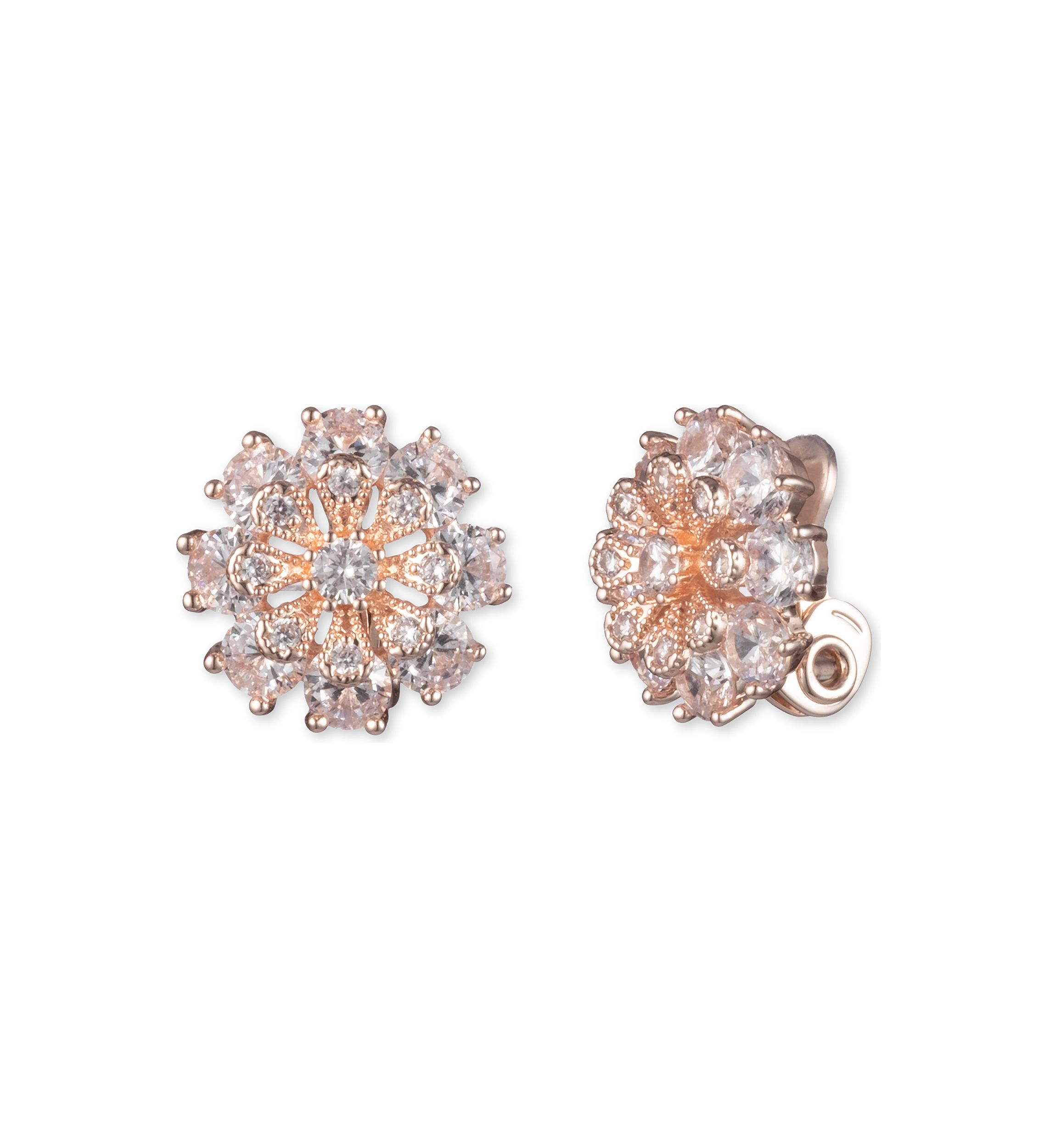 Rose Gold Tone Crystal Cubic Zirconia Flower Button Clip Earrings
