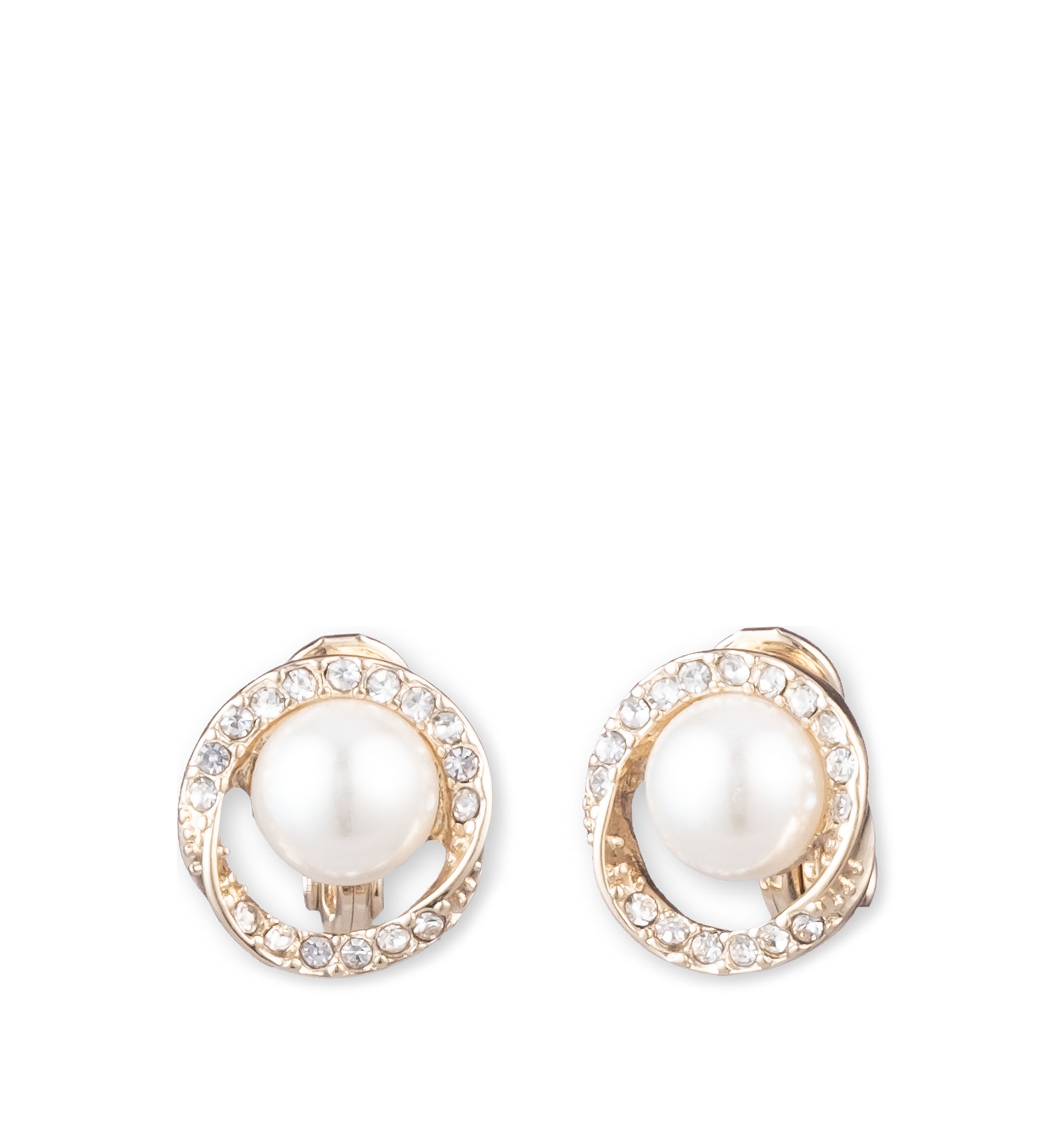 Gold Tone and White Pearl with Crystal Halo Button EZ Comfort Clip Earrings